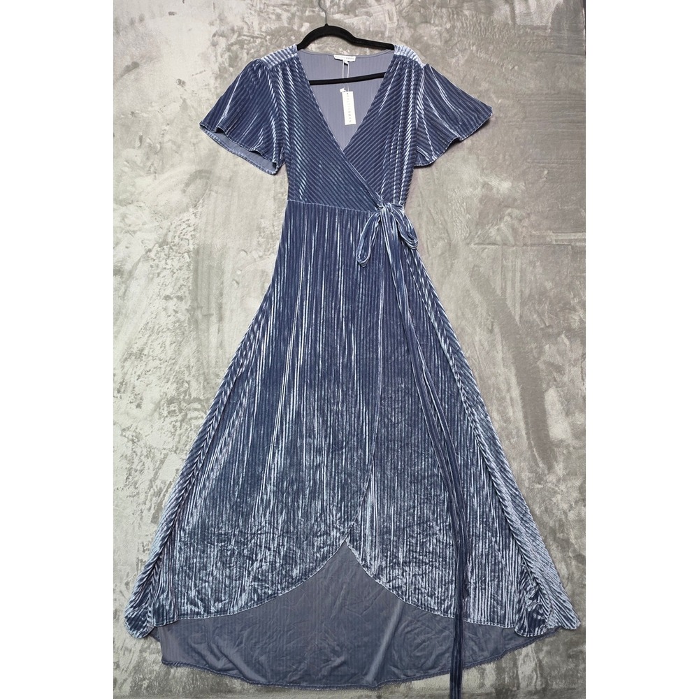 Baltic Born Andi Ribbed Velvet Wrap Dress Blue Flutter Sleeve Maxi Size M